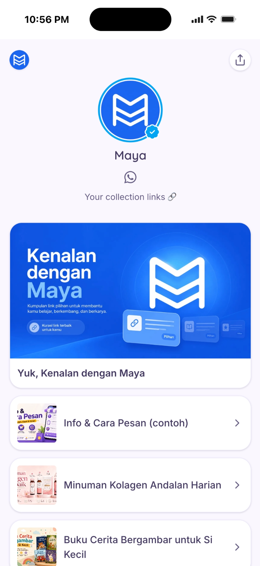 Maya — halaman profil kreator berisi kumpulan koleksi rekomendasi